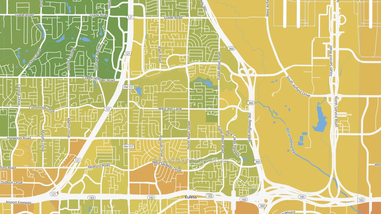 Map of the best neighborhoods in the 76039 area, with better matches in green and worse matches in red