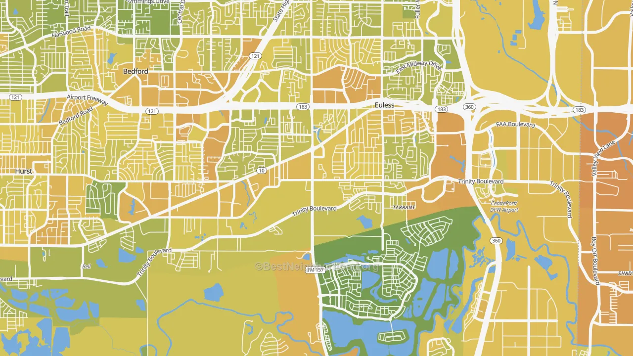 Map of the best neighborhoods in the 76040 area, with better matches in green and worse matches in red