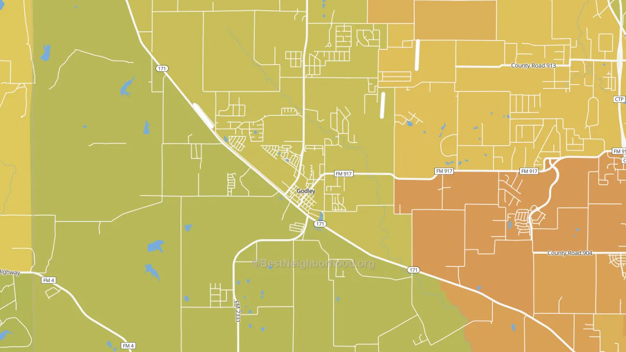 Map of the best neighborhoods in the 76044 area, with better matches in green and worse matches in red