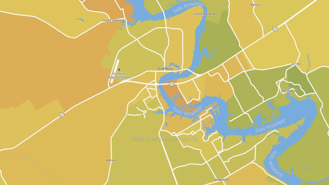 Map of the best neighborhoods in the 76048 area, with better matches in green and worse matches in red