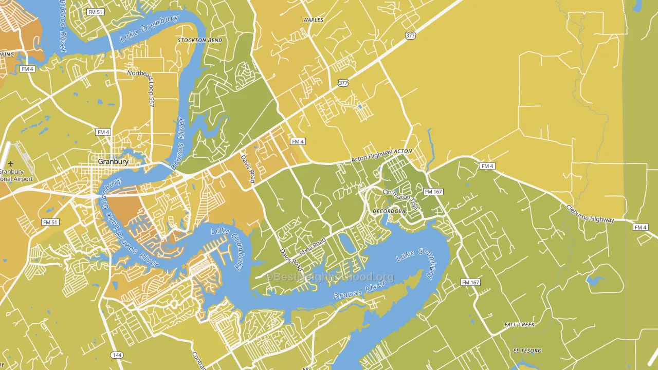 Map of the best neighborhoods in the 76049 area, with better matches in green and worse matches in red