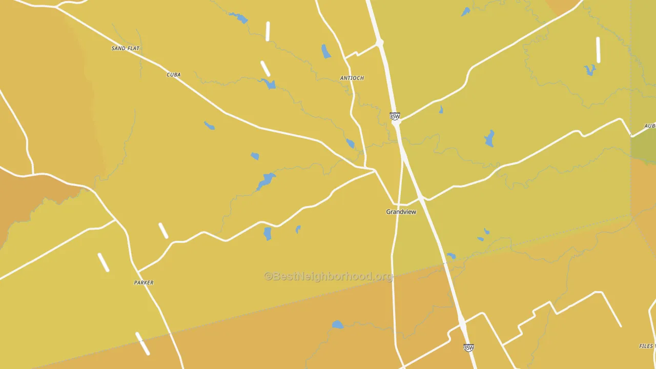 Map of the best neighborhoods in the 76050 area, with better matches in green and worse matches in red