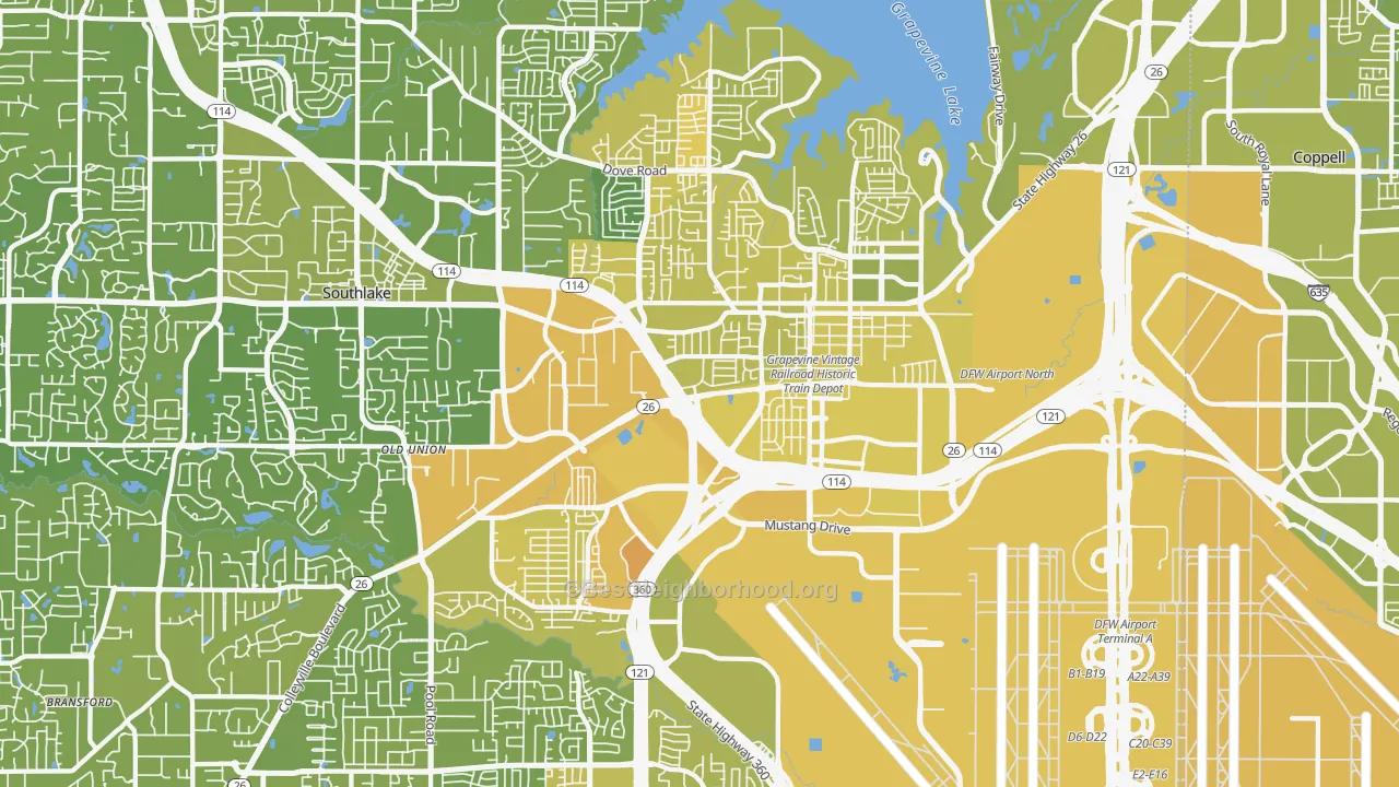 Map of the best neighborhoods in the 76051 area, with better matches in green and worse matches in red
