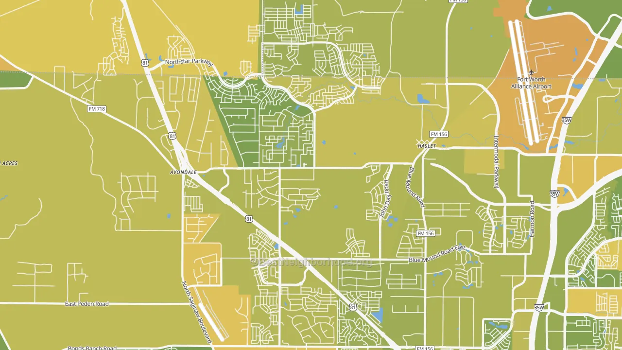 Map of the best neighborhoods in the 76052 area, with better matches in green and worse matches in red