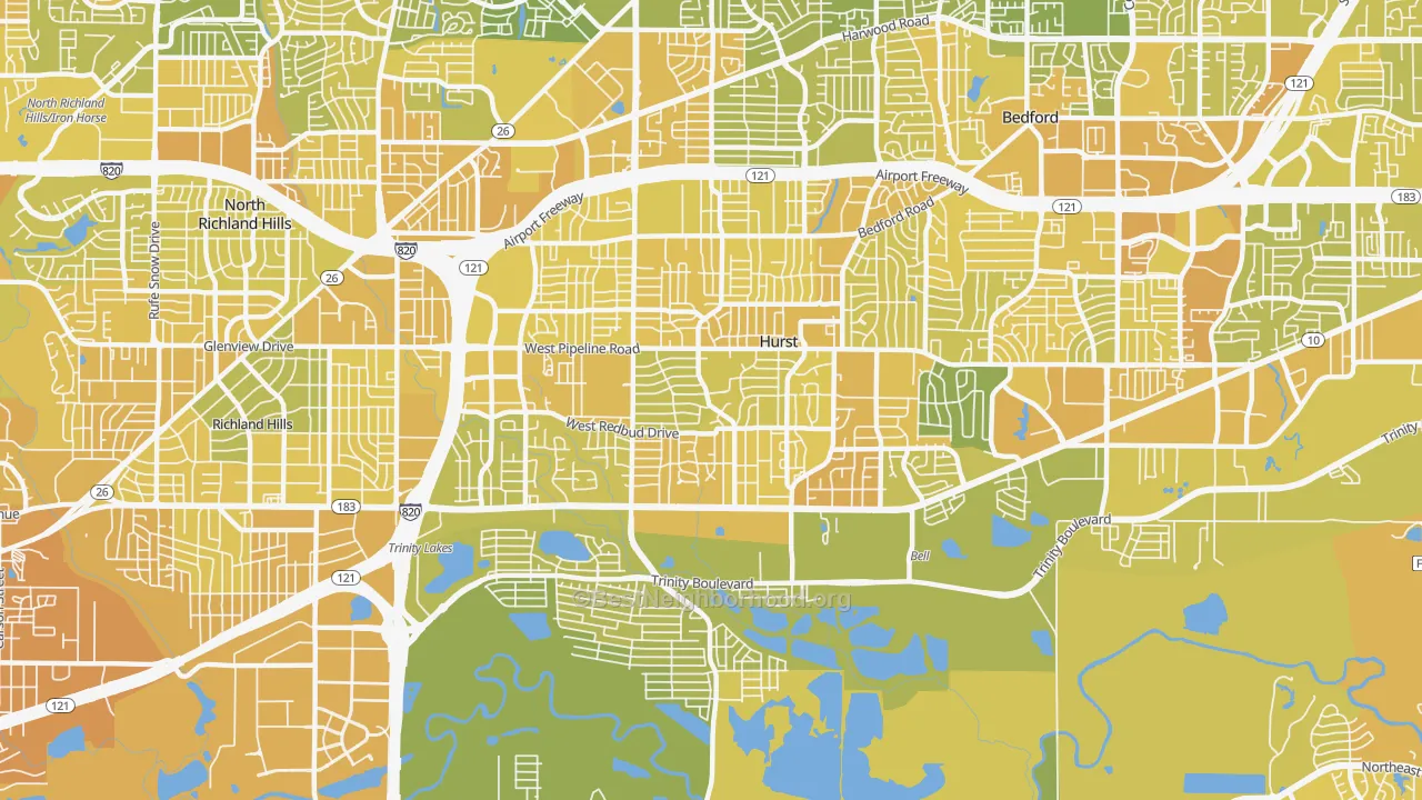 Map of the best neighborhoods in the 76053 area, with better matches in green and worse matches in red