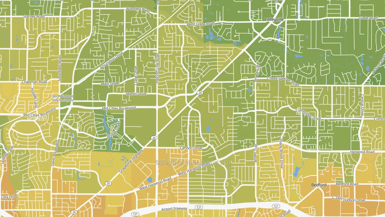 Map of the best neighborhoods in the 76054 area, with better matches in green and worse matches in red
