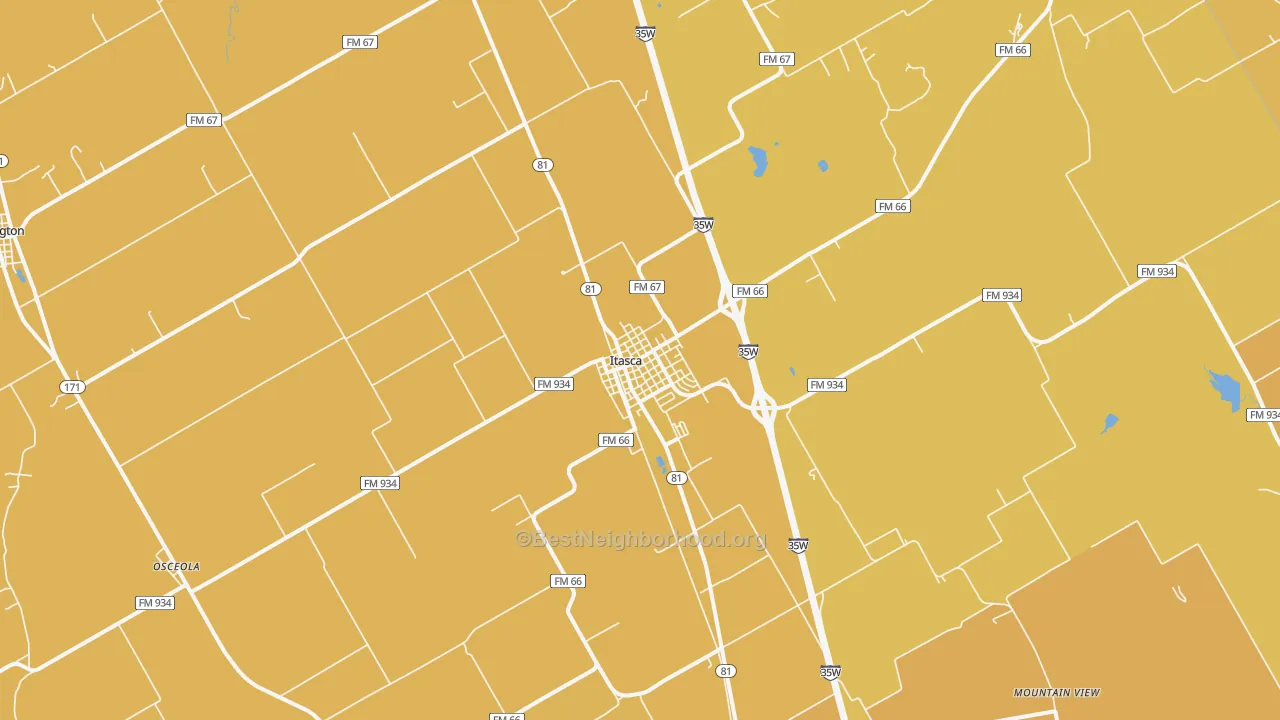 Map of the best neighborhoods in the 76055 area, with better matches in green and worse matches in red