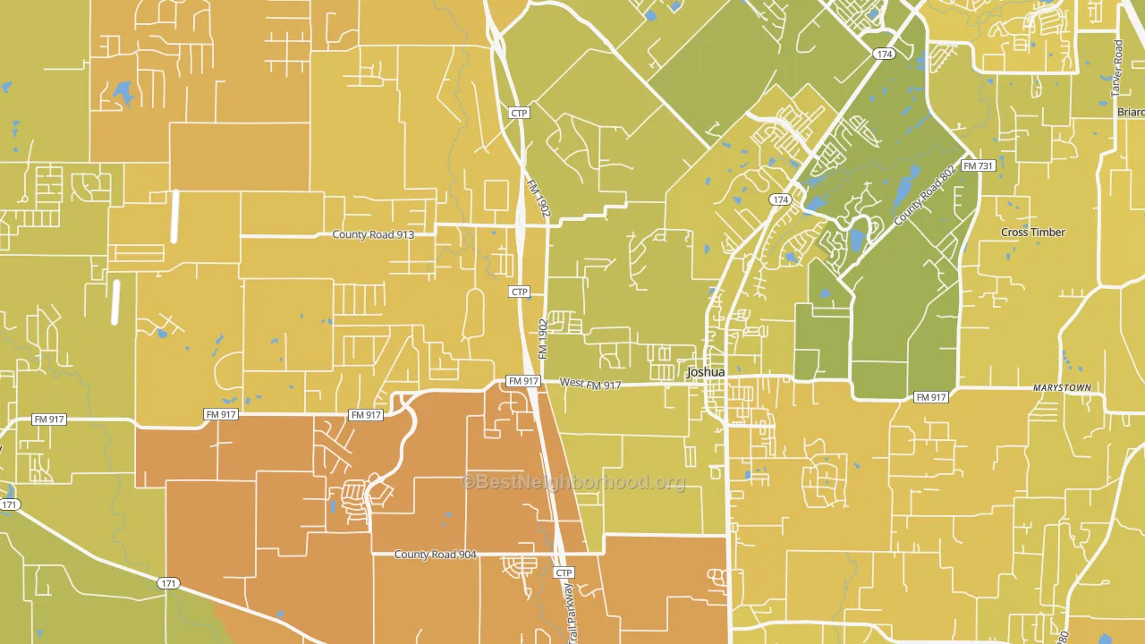 Map of the best neighborhoods in the 76058 area, with better matches in green and worse matches in red