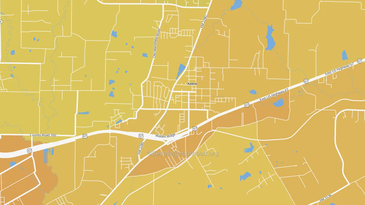Map of the best neighborhoods in the 76059 area, with better matches in green and worse matches in red