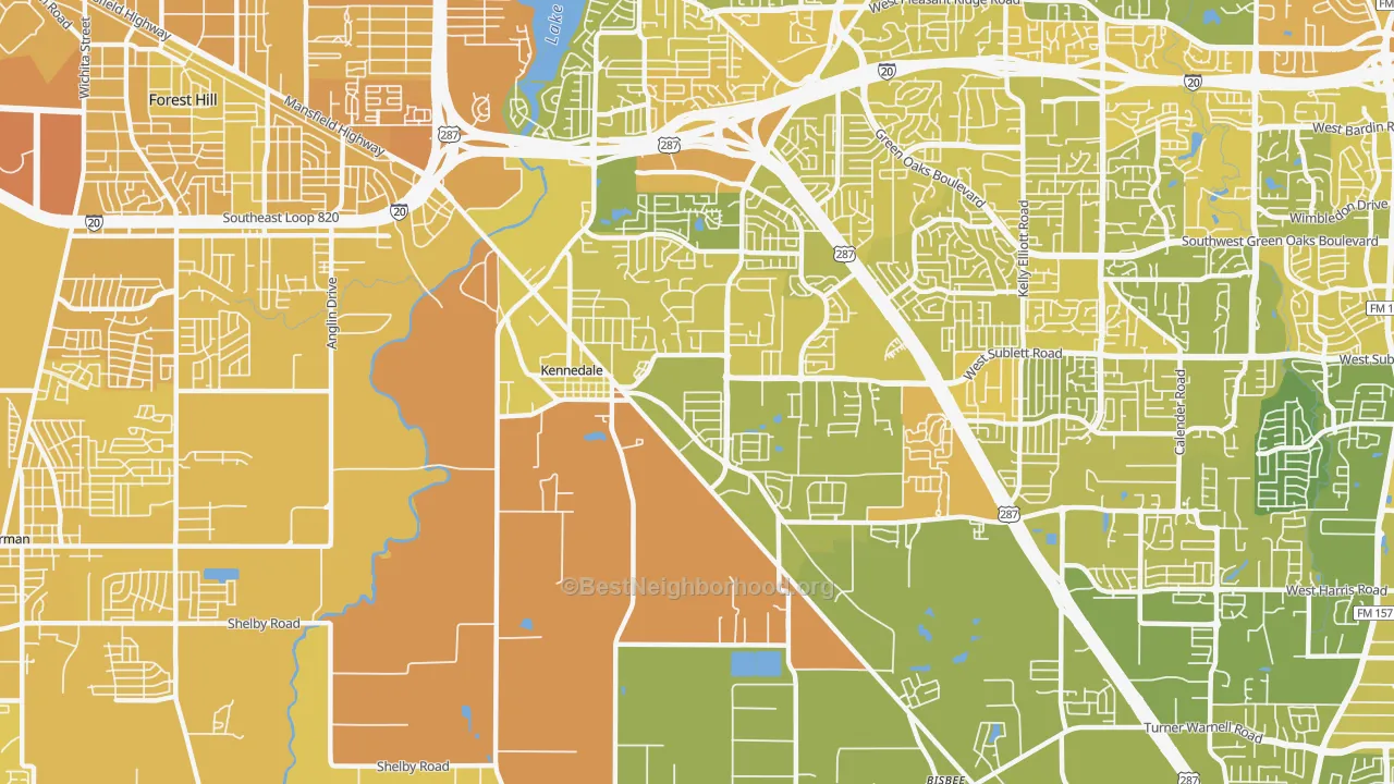 Map of the best neighborhoods in the 76060 area, with better matches in green and worse matches in red