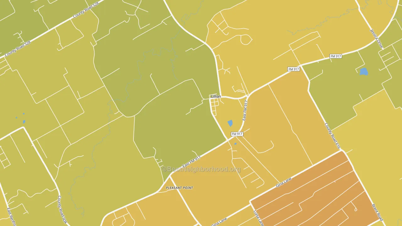Map of the best neighborhoods in the 76061 area, with better matches in green and worse matches in red