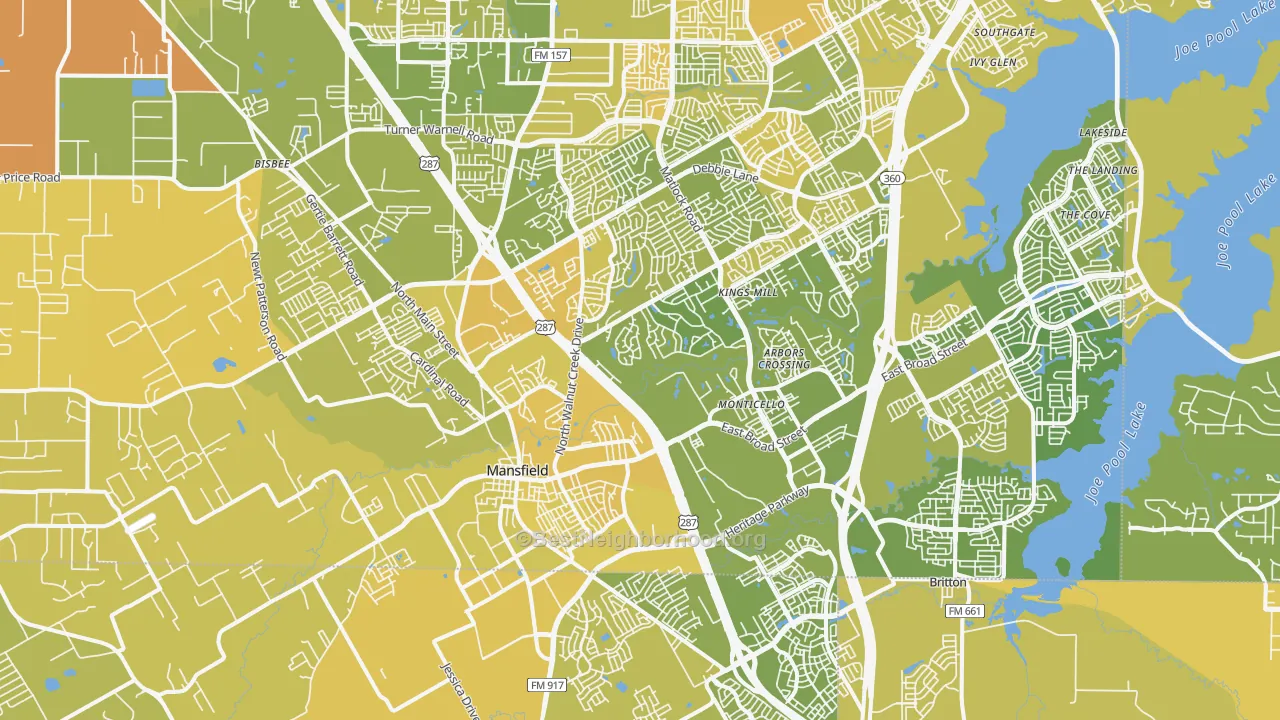 Map of the best neighborhoods in the 76063 area, with better matches in green and worse matches in red
