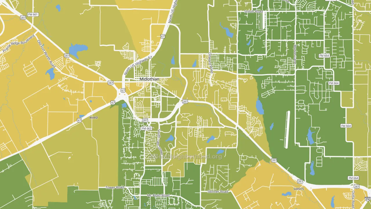 Map of the best neighborhoods in the 76065 area, with better matches in green and worse matches in red