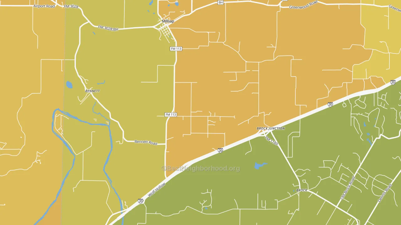Map of the best neighborhoods in the 76066 area, with better matches in green and worse matches in red