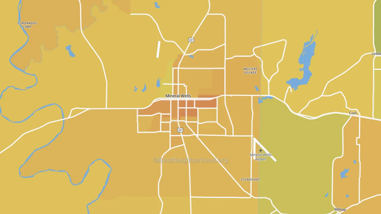 Map of the best neighborhoods in the 76067 area, with better matches in green and worse matches in red