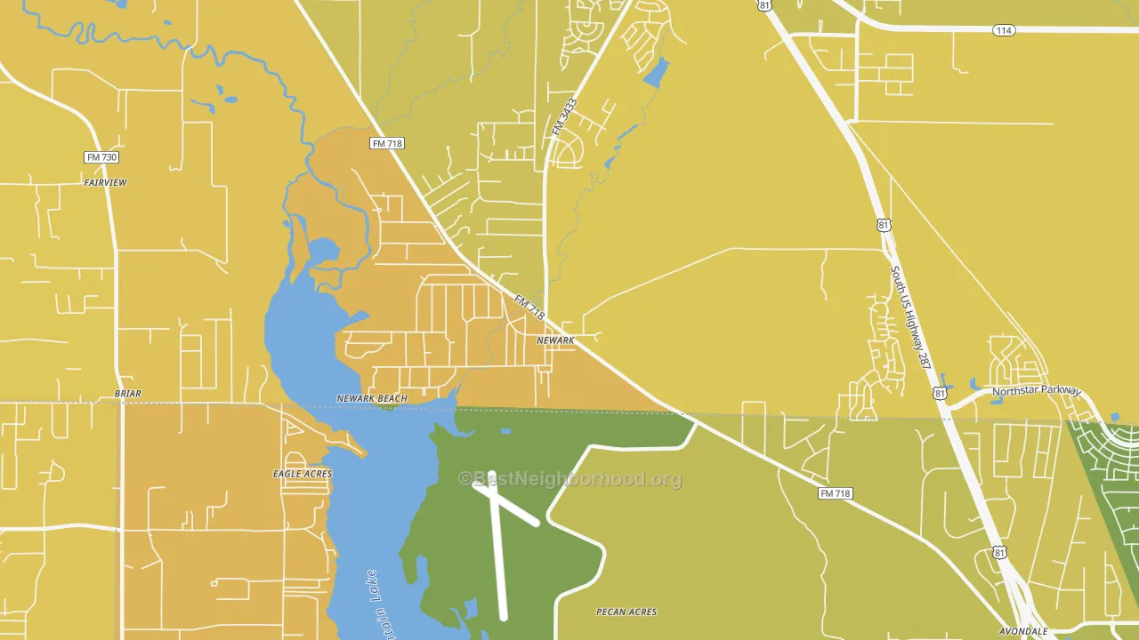 Map of the best neighborhoods in the 76071 area, with better matches in green and worse matches in red