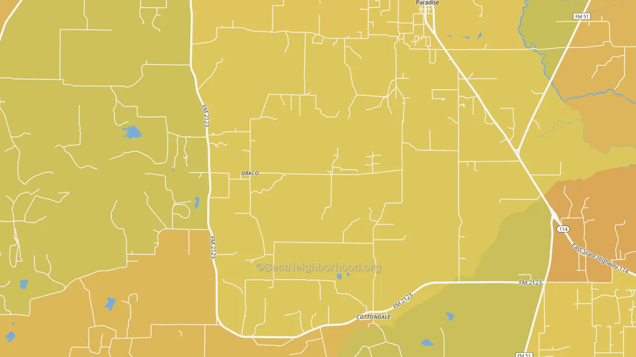 Map of the best neighborhoods in the 76073 area, with better matches in green and worse matches in red