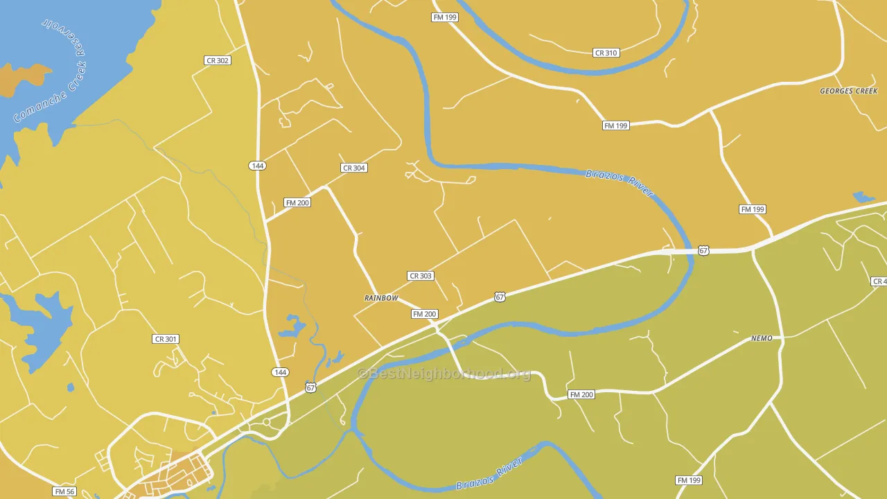 Map of the best neighborhoods in the 76077 area, with better matches in green and worse matches in red
