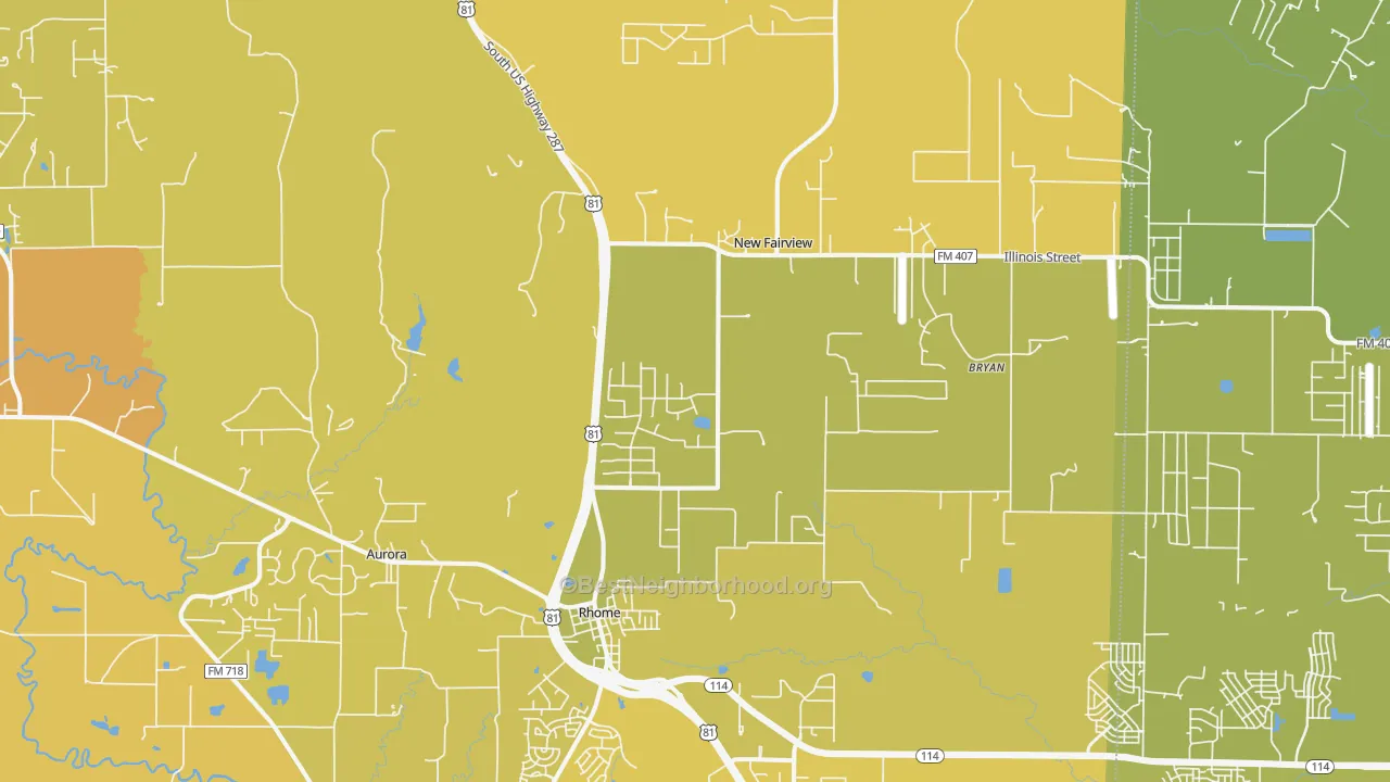 Map of the best neighborhoods in the 76078 area, with better matches in green and worse matches in red