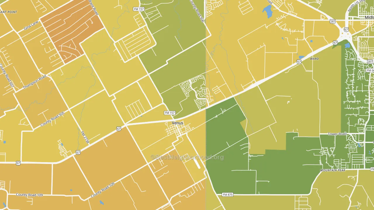 Map of the best neighborhoods in the 76084 area, with better matches in green and worse matches in red