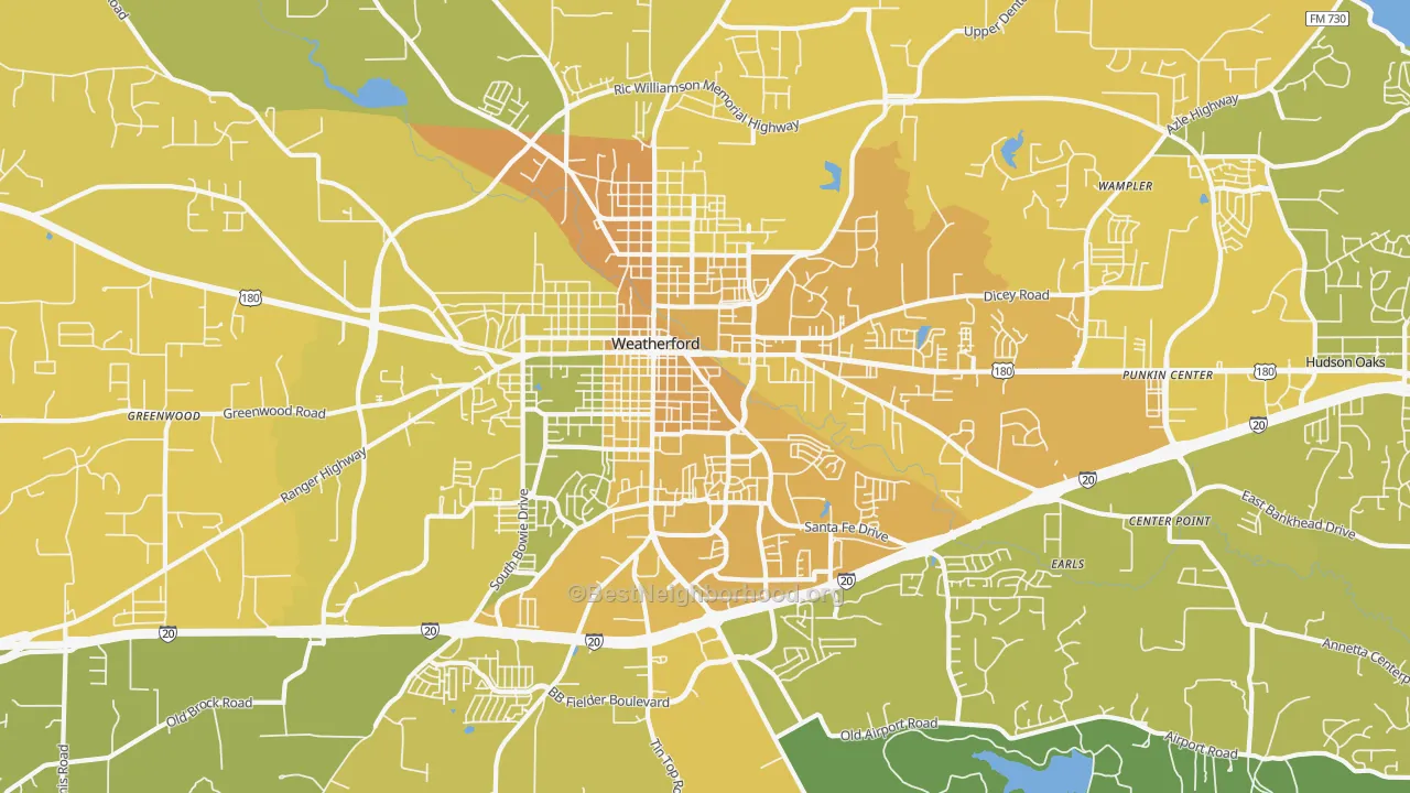 Map of the best neighborhoods in the 76086 area, with better matches in green and worse matches in red