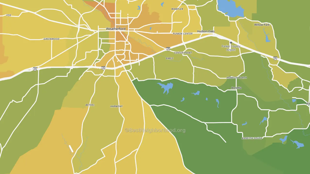 Map of the best neighborhoods in the 76087 area, with better matches in green and worse matches in red