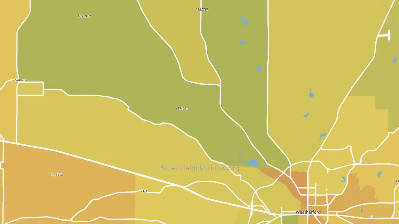 Map of the best neighborhoods in the 76088 area, with better matches in green and worse matches in red