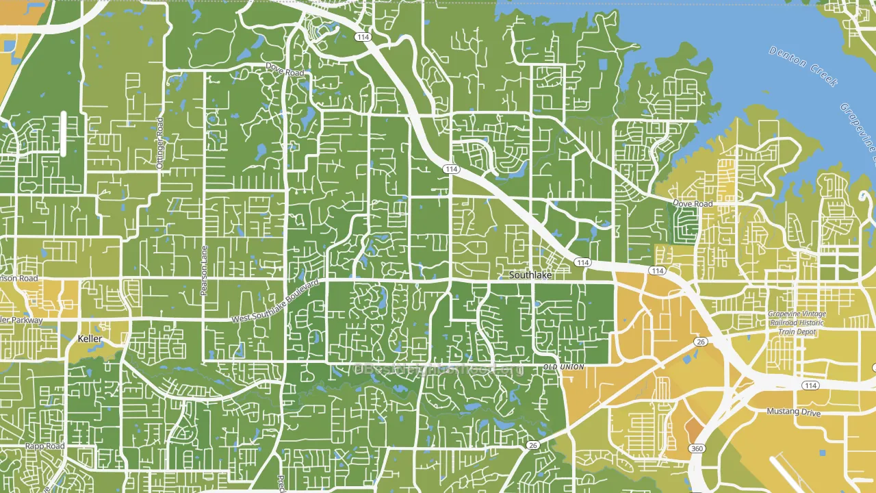 Map of the best neighborhoods in the 76092 area, with better matches in green and worse matches in red