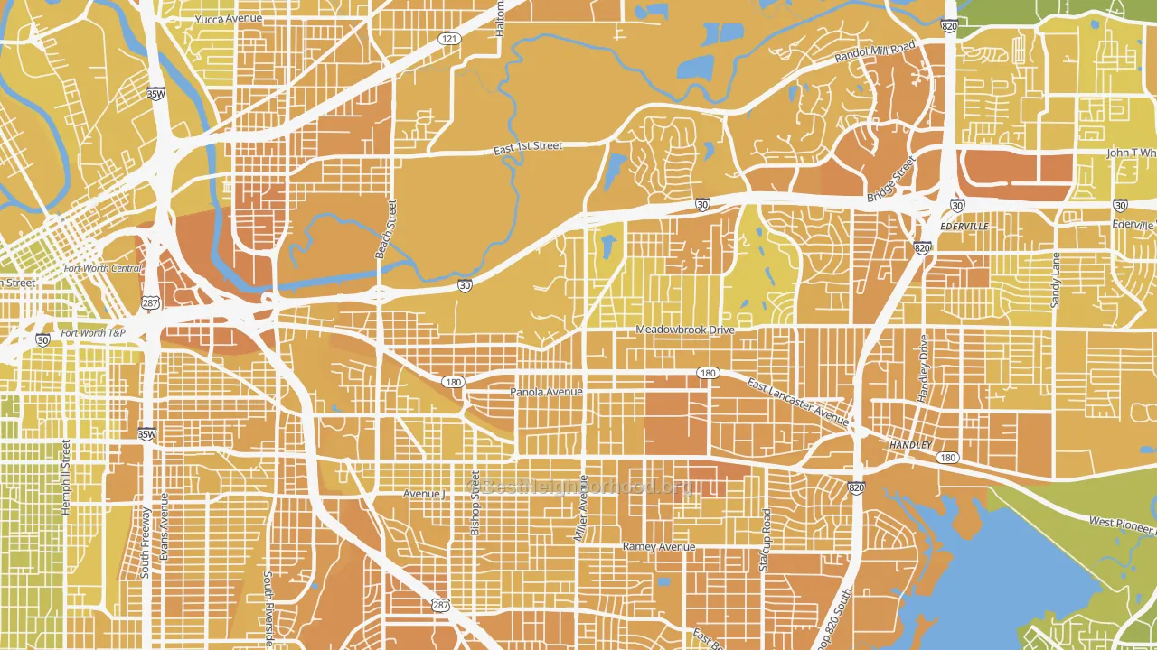 Map of the best neighborhoods in the 76103 area, with better matches in green and worse matches in red