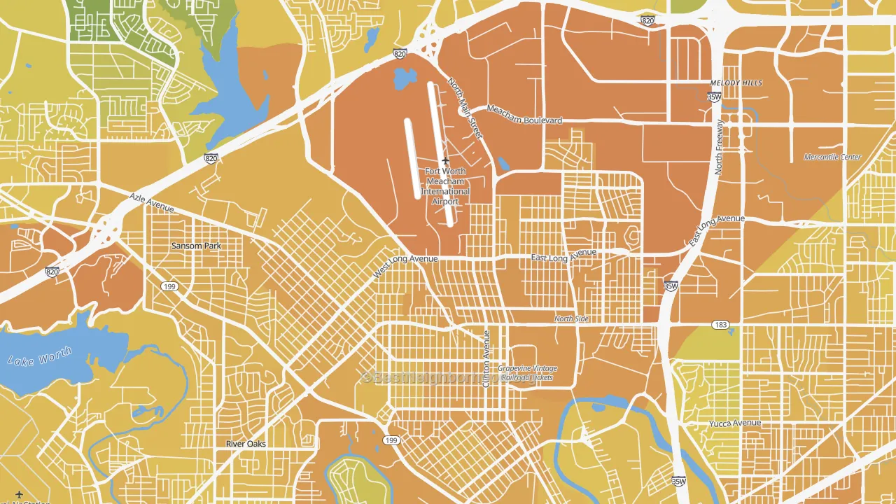 Map of the best neighborhoods in the 76106 area, with better matches in green and worse matches in red