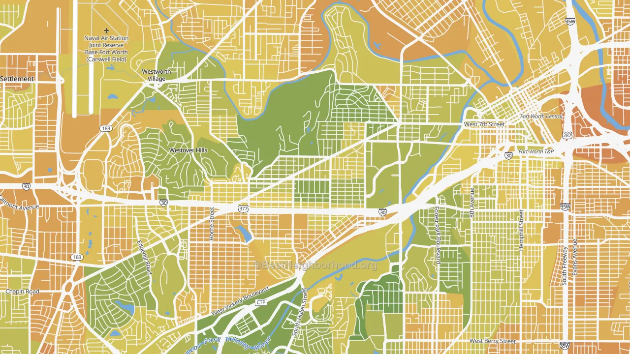 Map of the best neighborhoods in the 76107 area, with better matches in green and worse matches in red