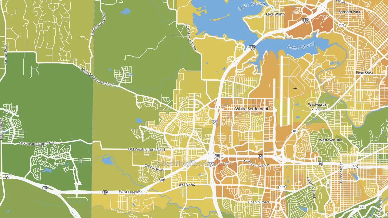 Map of the best neighborhoods in the 76108 area, with better matches in green and worse matches in red