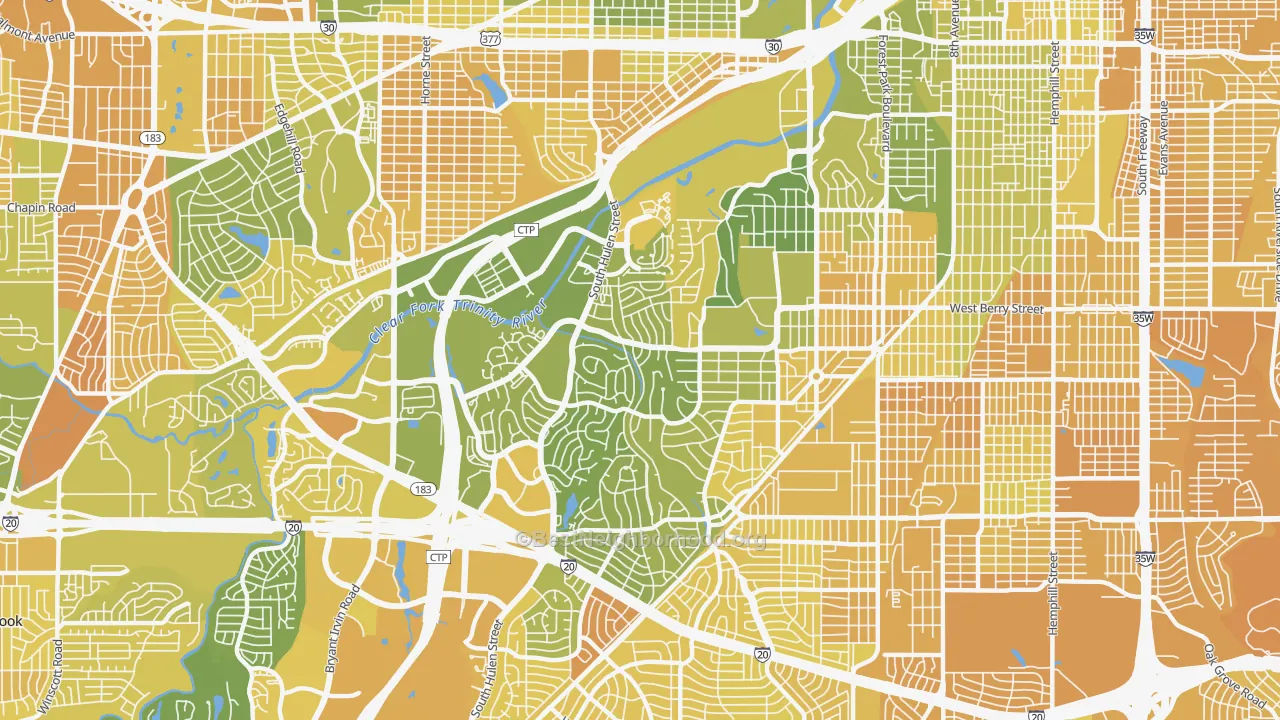 Map of the best neighborhoods in the 76109 area, with better matches in green and worse matches in red