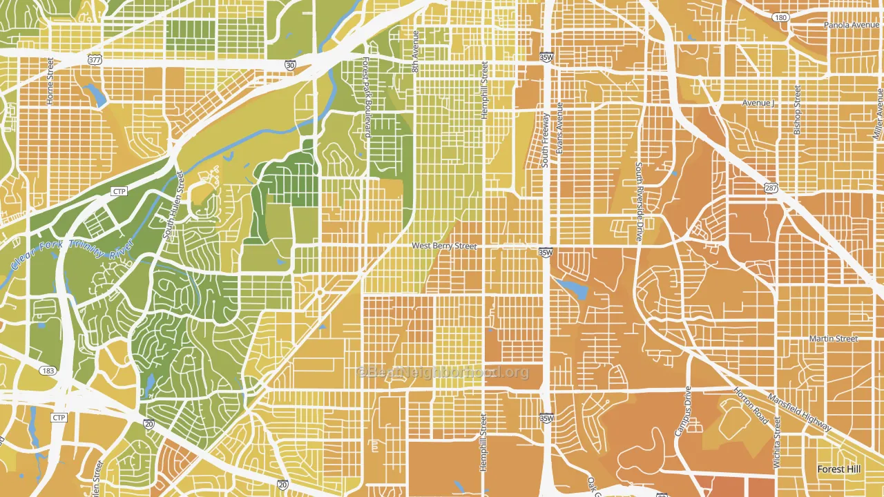 Map of the best neighborhoods in the 76110 area, with better matches in green and worse matches in red