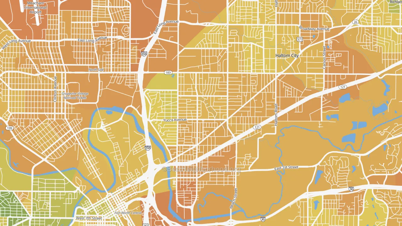 Map of the best neighborhoods in the 76111 area, with better matches in green and worse matches in red