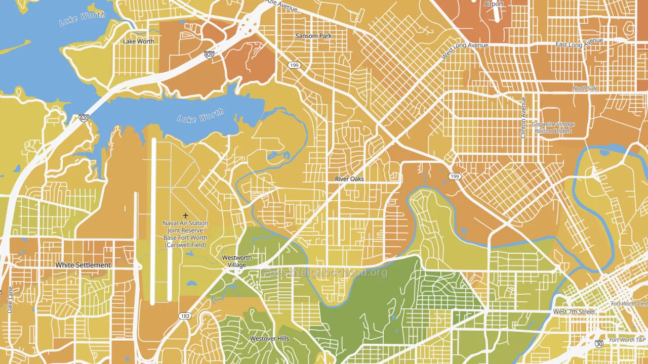 Map of the best neighborhoods in the 76114 area, with better matches in green and worse matches in red