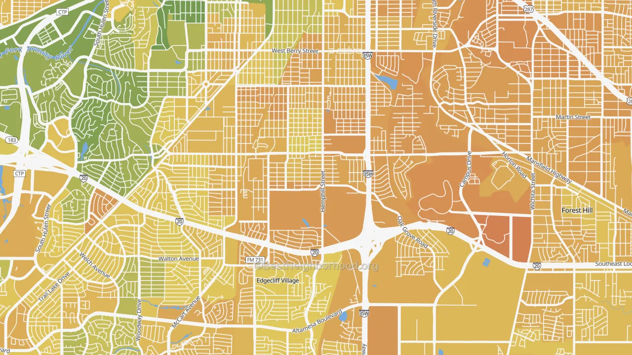 Map of the best neighborhoods in the 76115 area, with better matches in green and worse matches in red