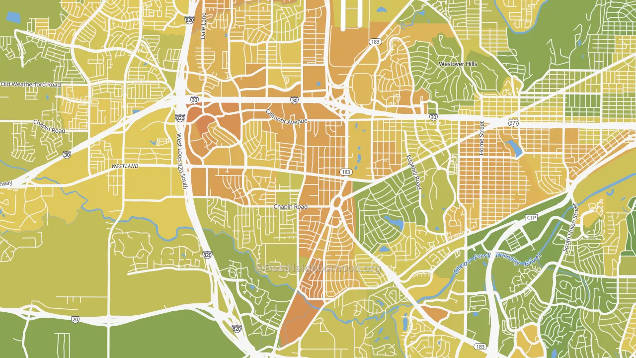Map of the best neighborhoods in the 76116 area, with better matches in green and worse matches in red