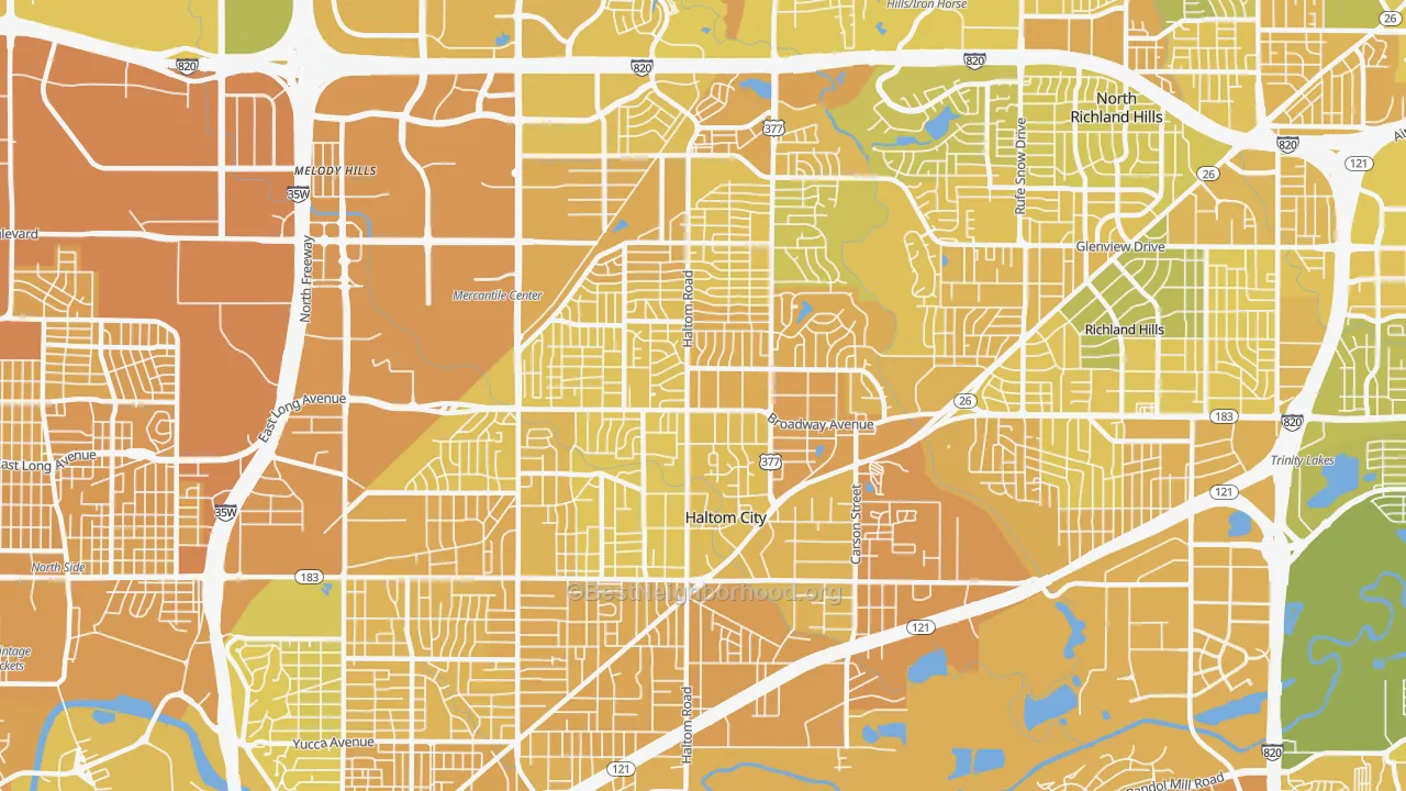 Map of the best neighborhoods in the 76117 area, with better matches in green and worse matches in red
