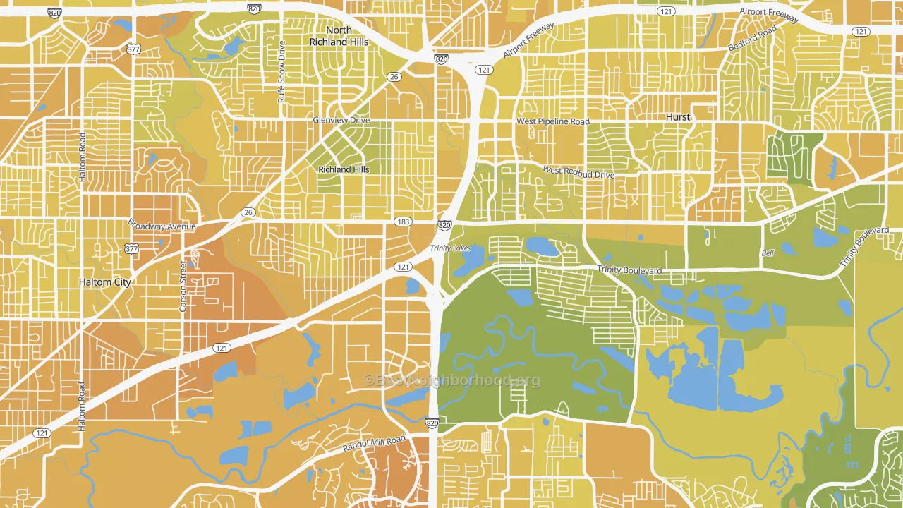 Map of the best neighborhoods in the 76118 area, with better matches in green and worse matches in red