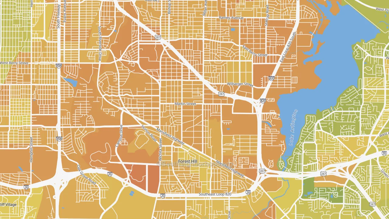 Map of the best neighborhoods in the 76119 area, with better matches in green and worse matches in red