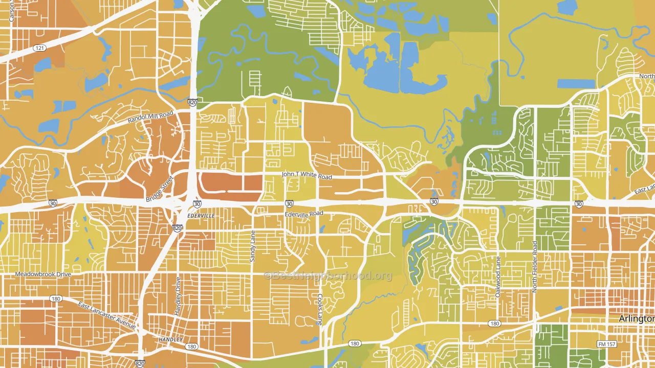 Map of the best neighborhoods in the 76120 area, with better matches in green and worse matches in red