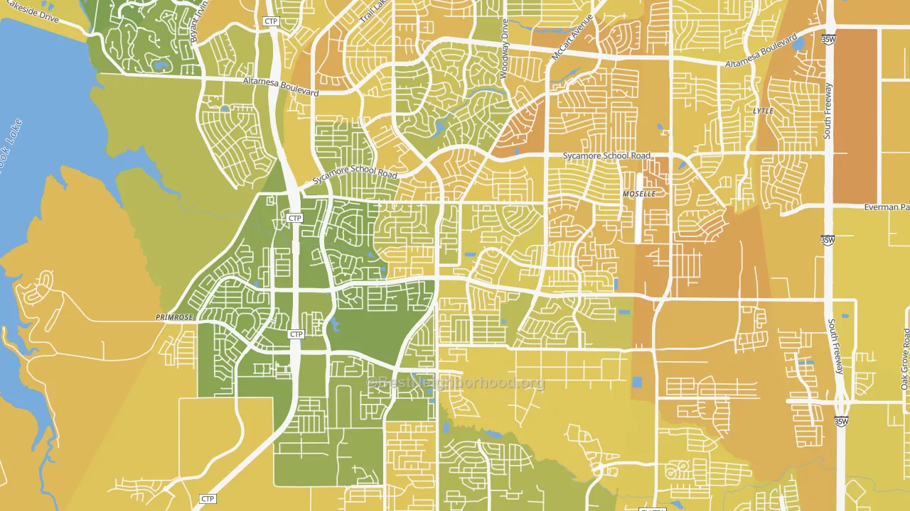 Map of the best neighborhoods in the 76123 area, with better matches in green and worse matches in red