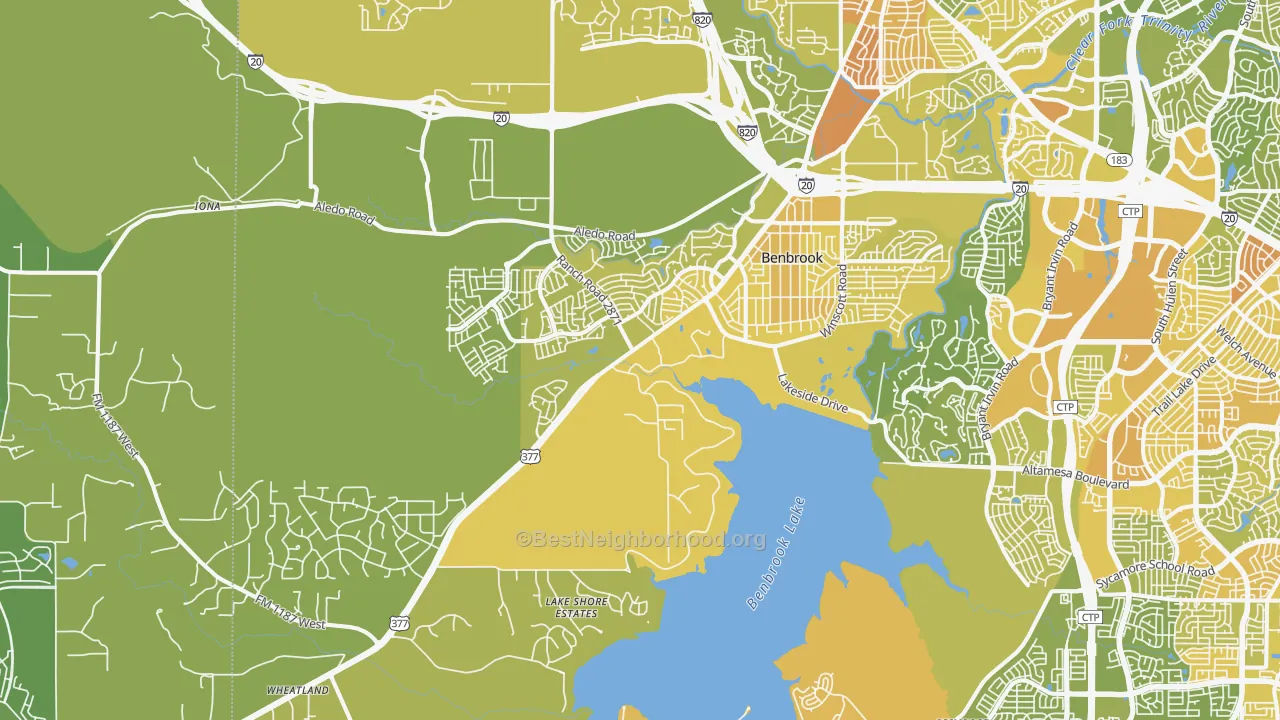 Map of the best neighborhoods in the 76126 area, with better matches in green and worse matches in red