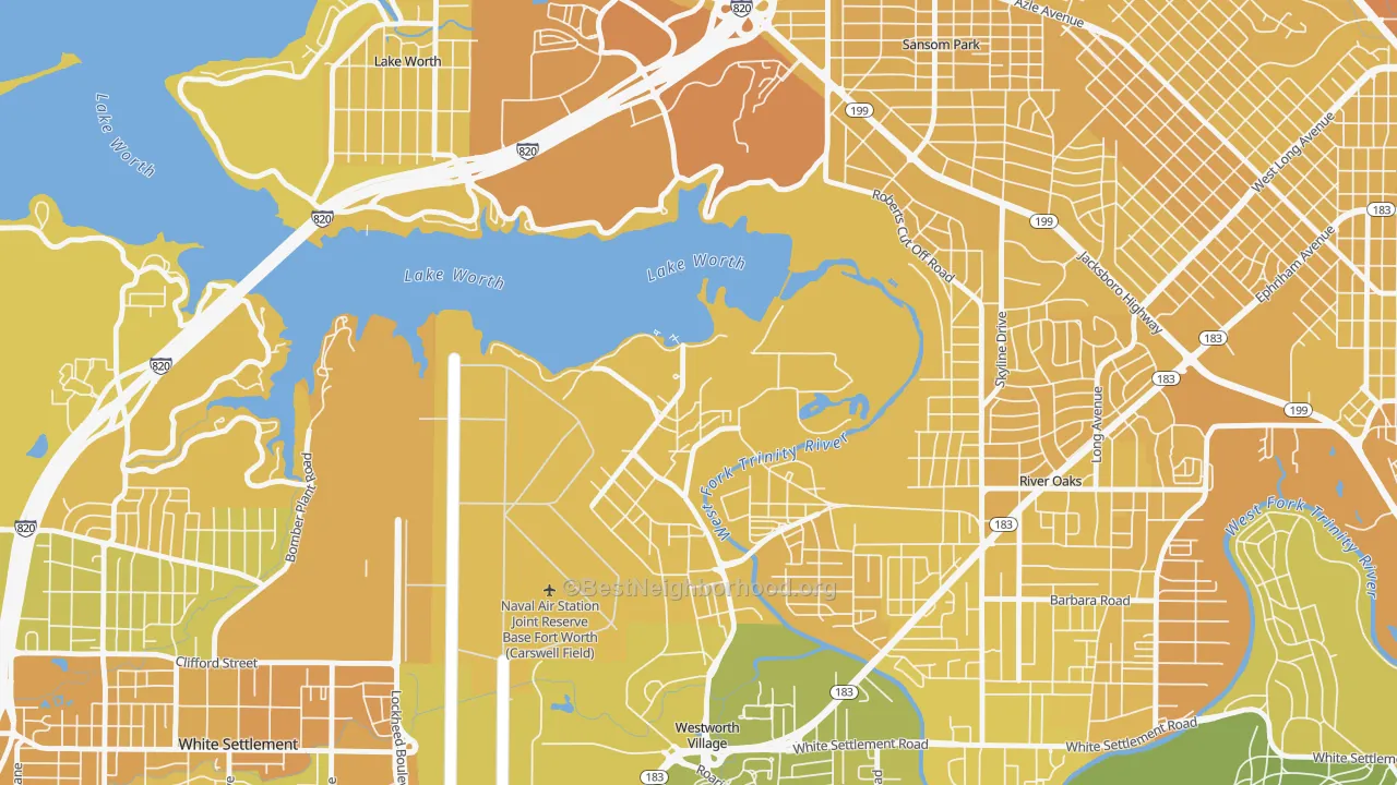 Map of the best neighborhoods in the 76127 area, with better matches in green and worse matches in red