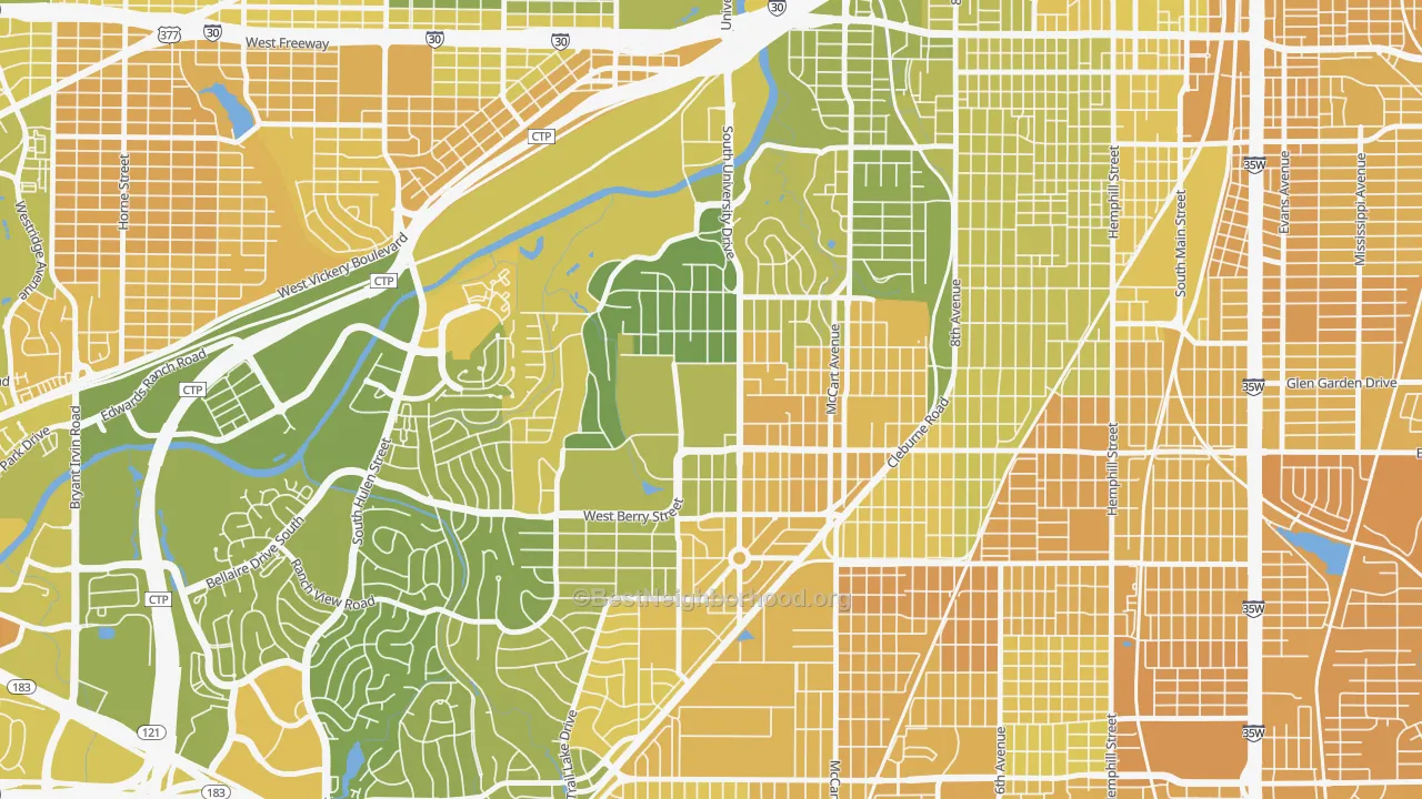 Map of the best neighborhoods in the 76129 area, with better matches in green and worse matches in red