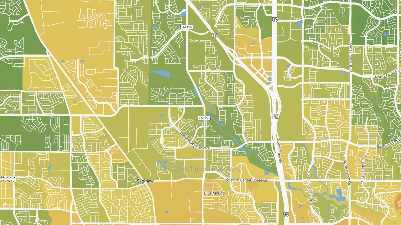 Map of the best neighborhoods in the 76131 area, with better matches in green and worse matches in red