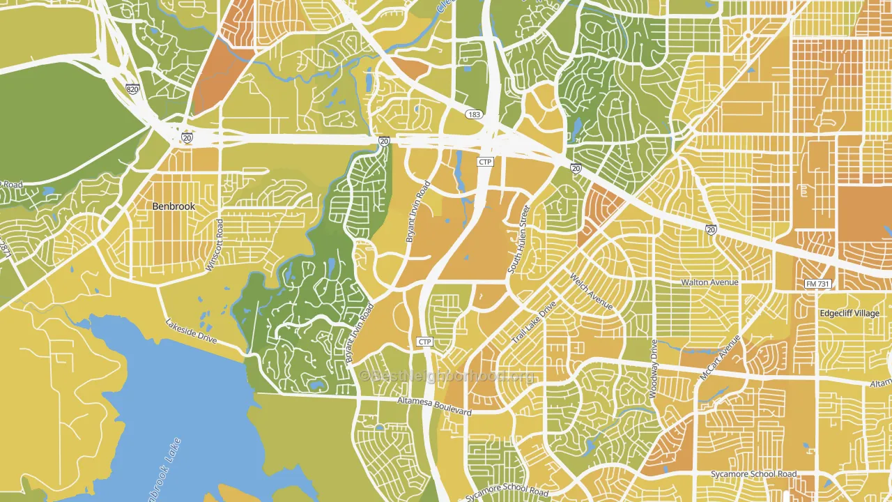 Map of the best neighborhoods in the 76132 area, with better matches in green and worse matches in red
