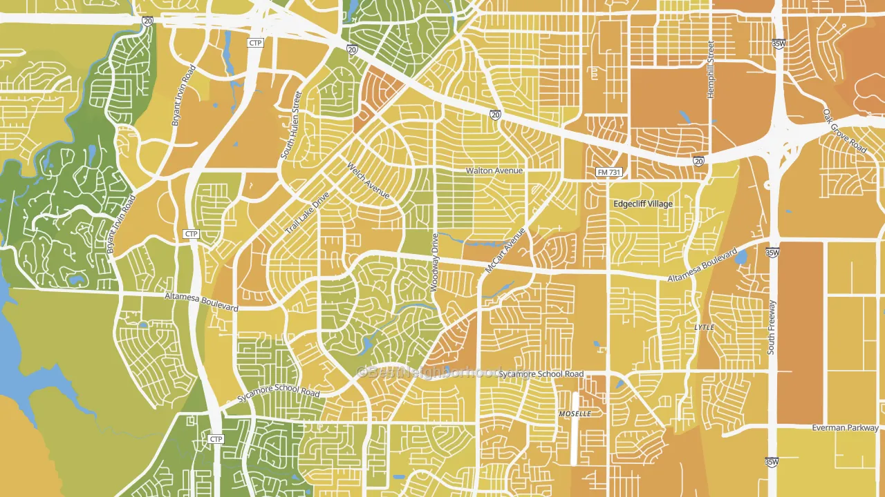 Map of the best neighborhoods in the 76133 area, with better matches in green and worse matches in red