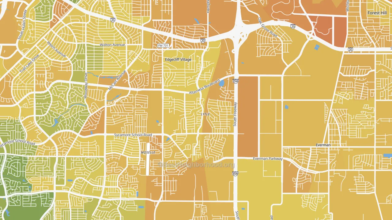 Map of the best neighborhoods in the 76134 area, with better matches in green and worse matches in red